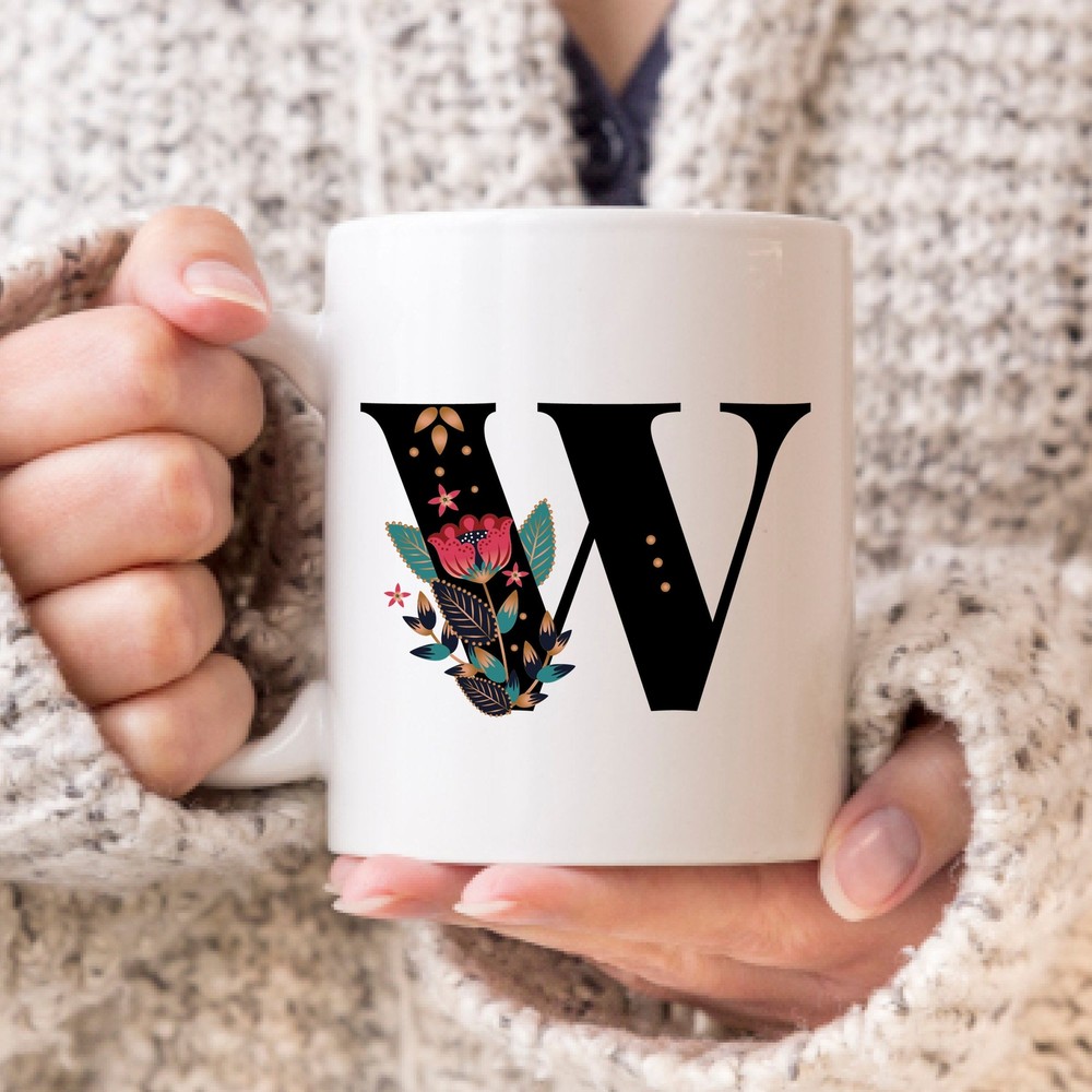 Personalized Floral Letter W Coffee Mug Mother's Day Gift