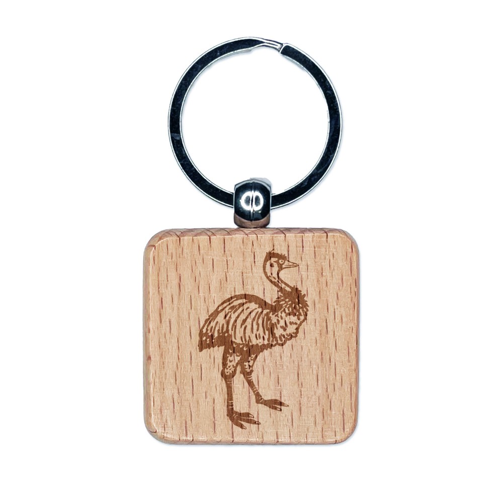 Emu Large Australian Flightless Bird Engraved Wood Square Keychain Tag Charm