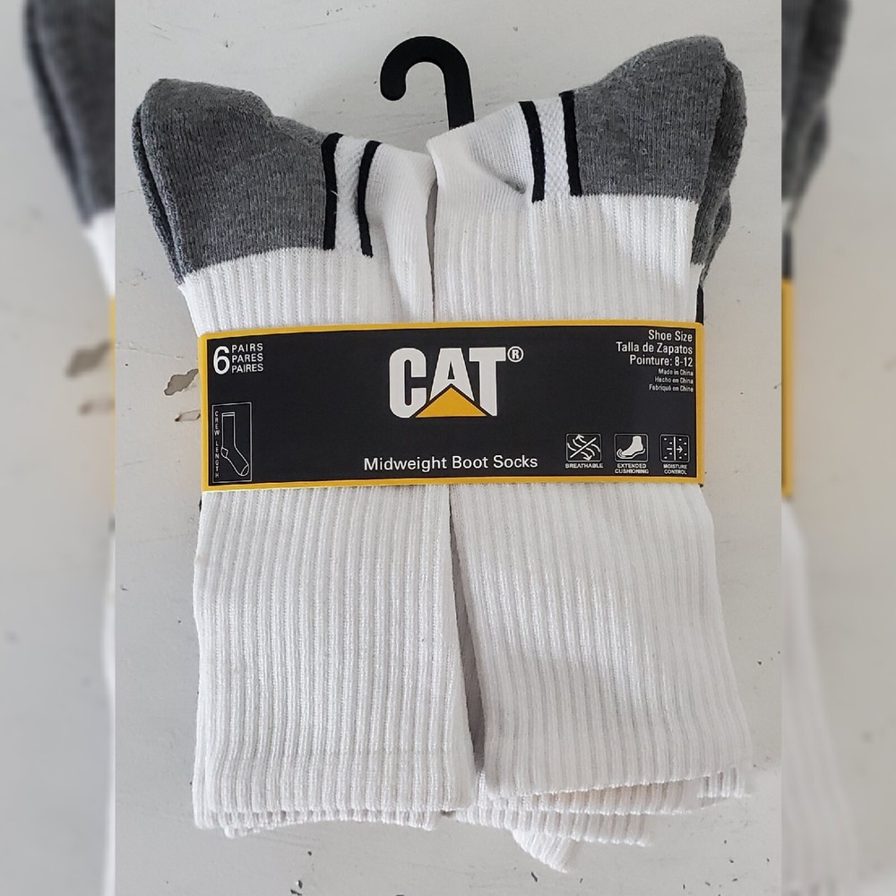Caterpillar Original Midweight Boot Socks for Men - 6 Pairs - Size 8-12 - White