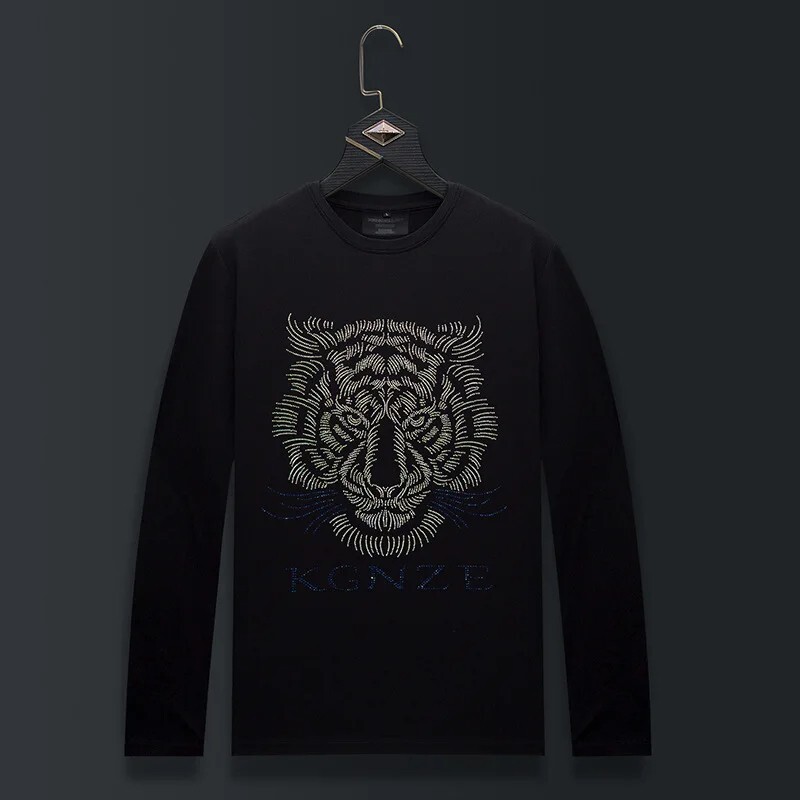 Fashion Tiger Trend Rhinestone Long Sleeve Luxury  Men T-Shirt Plus Size 6XL