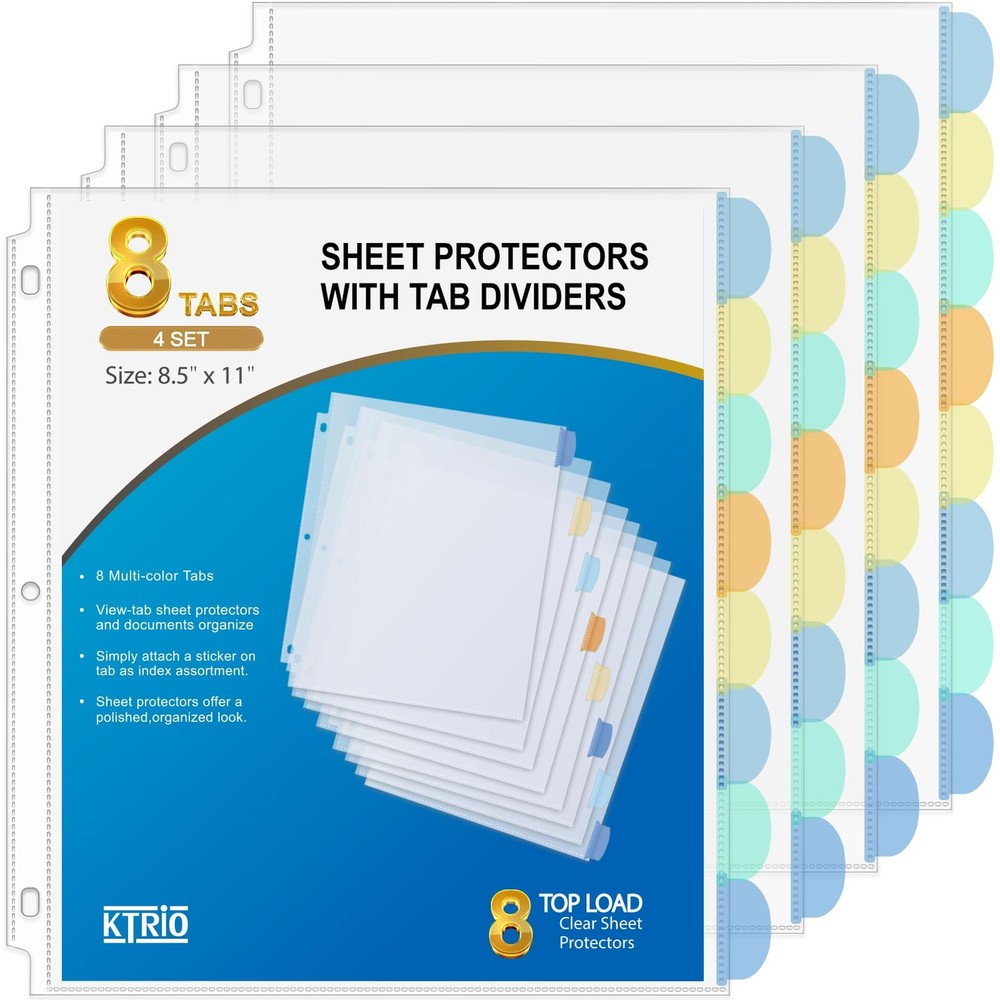 KTRIO Binder Dividers with 8 Tabs, Sheet Protectors for 3 Ring Binder 4 Sets,...