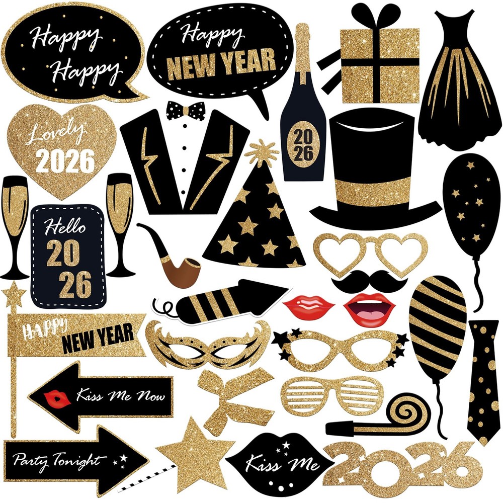 , Glitter New Years Photo Booth Props 2026 - Pack of 32 | New Years Eve Photo...-image