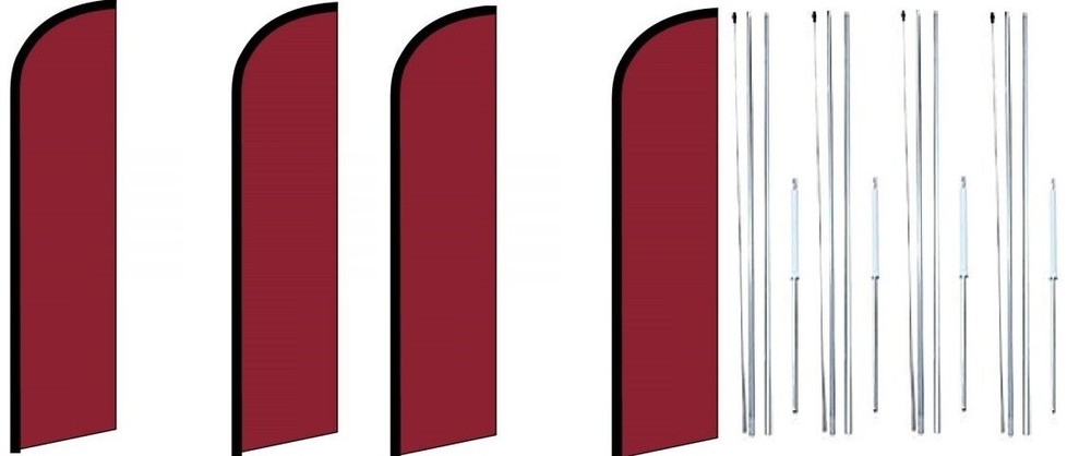 Burgundy Solid Color Windless Flag With Complete Hybrid Pole set- 4 pack
