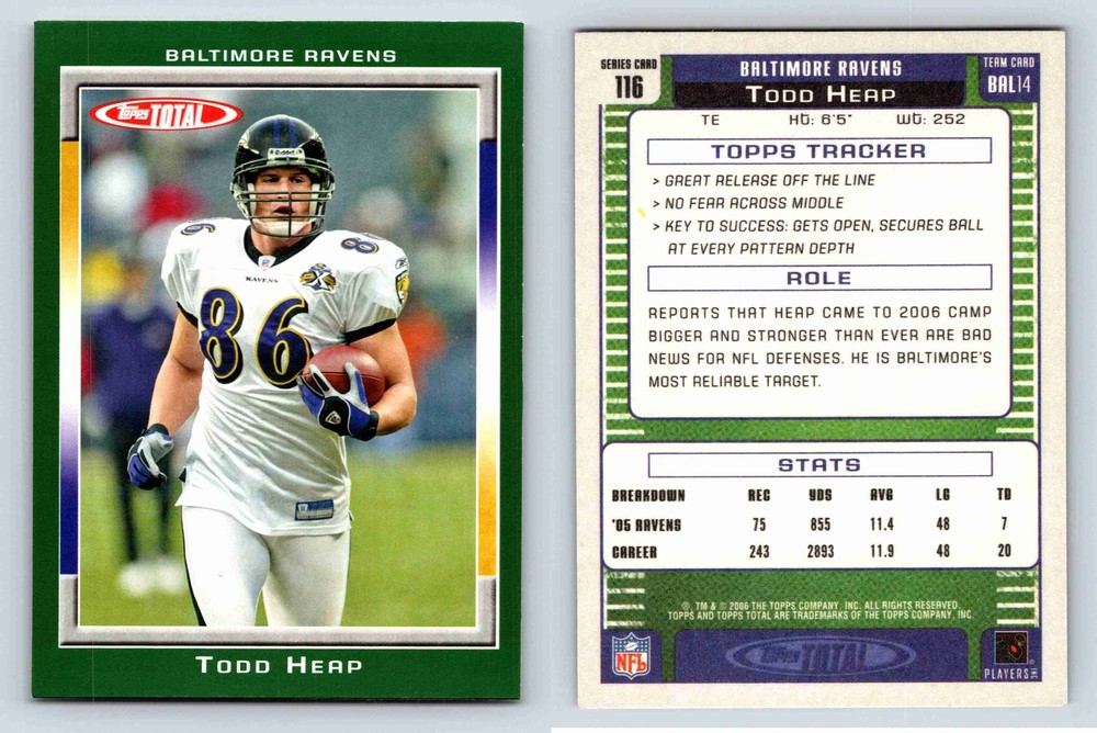 Todd Heap Baltimore Ravens Topps Total 2006 Card 116 Football Memorabilia