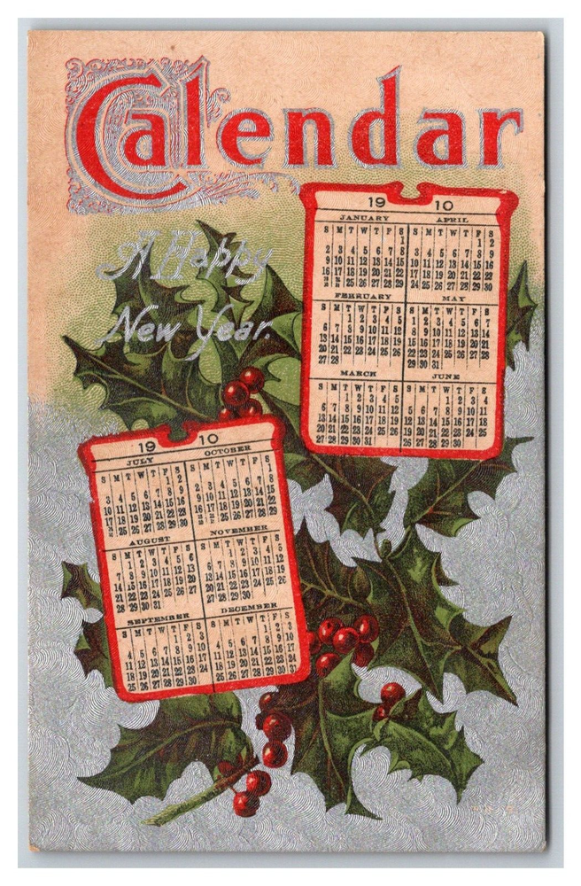 Calendar New Years 1910 unposted Silver metallic Christmas mistletoe-image