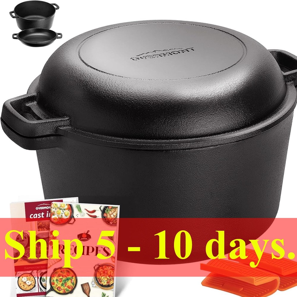 Overmont 2-in-1 Dutch Oven with Skillet Lid and Cookbook 5QT Cast Iron Cookware