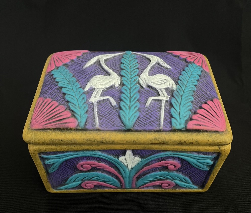 Vintage Art Deco Heron Ceramic Lidded Trinket Jewelry Box Pastel Colors