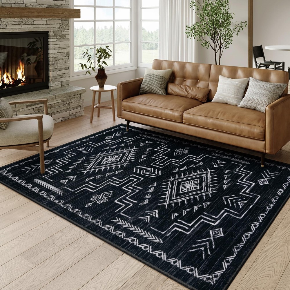 Moroccan Washable 5x7 Rug in Black with Western Aztec Tribal Boys Neutral Design