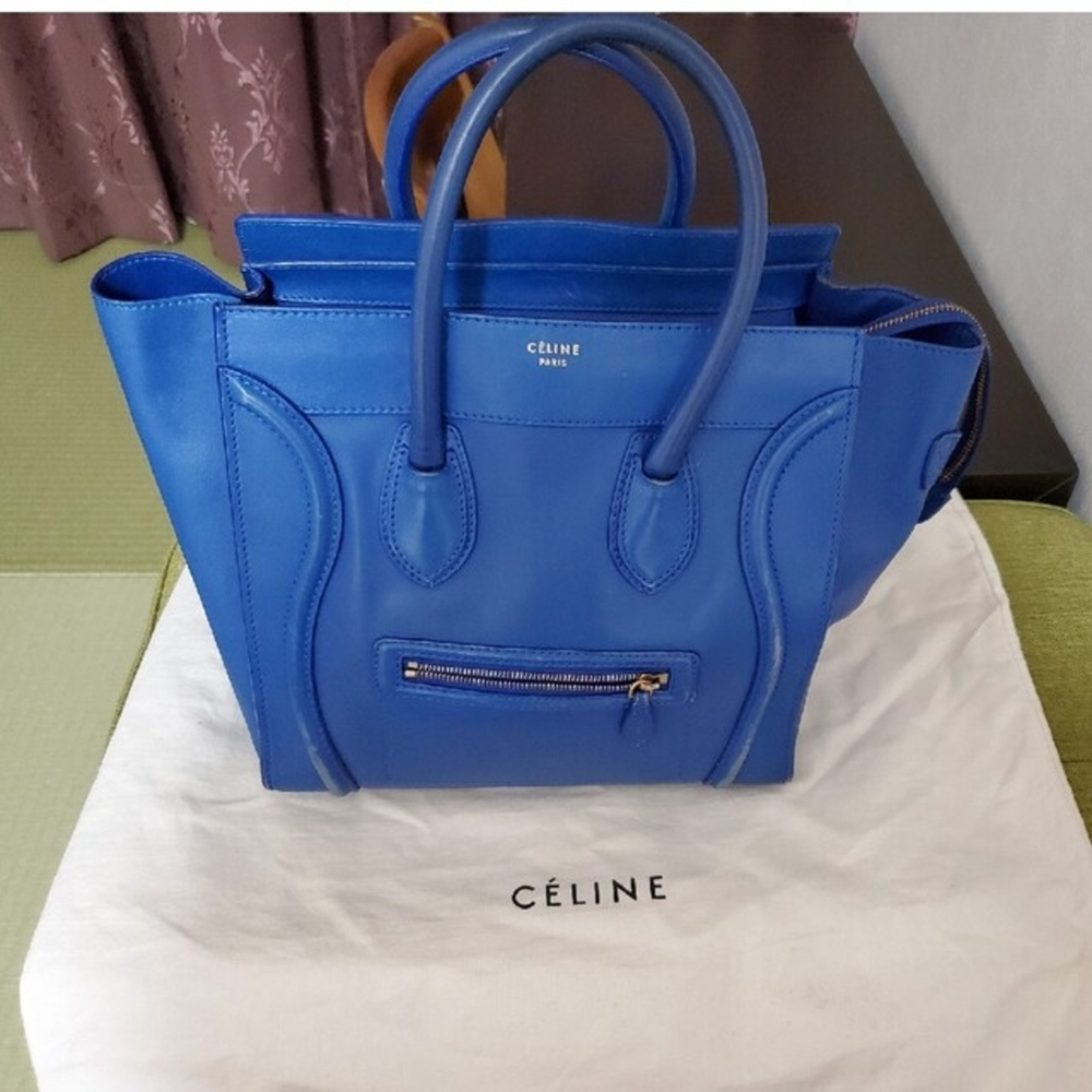 CELINE Luggage Mini Shopper Blue Leather Tote Bag Authentic 12.2 in * 12.2 in JP