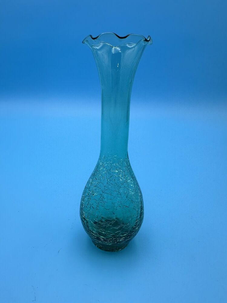 Green Crackle Glass Vase With Ruffled Edge