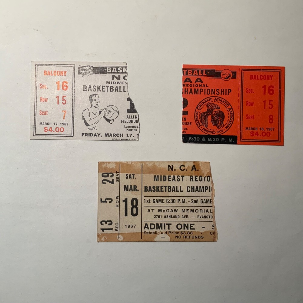 Lot of 3 tickets from 1967 NCAA Basketball Regionals (M-West / M-East) Good-VG+