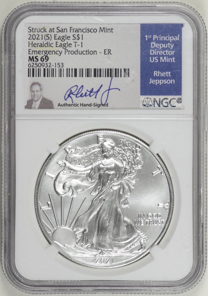 2021-S Silver Eagle Type 1 NGC MS69 Rhett Jeppson Signed Label Coin #13B06