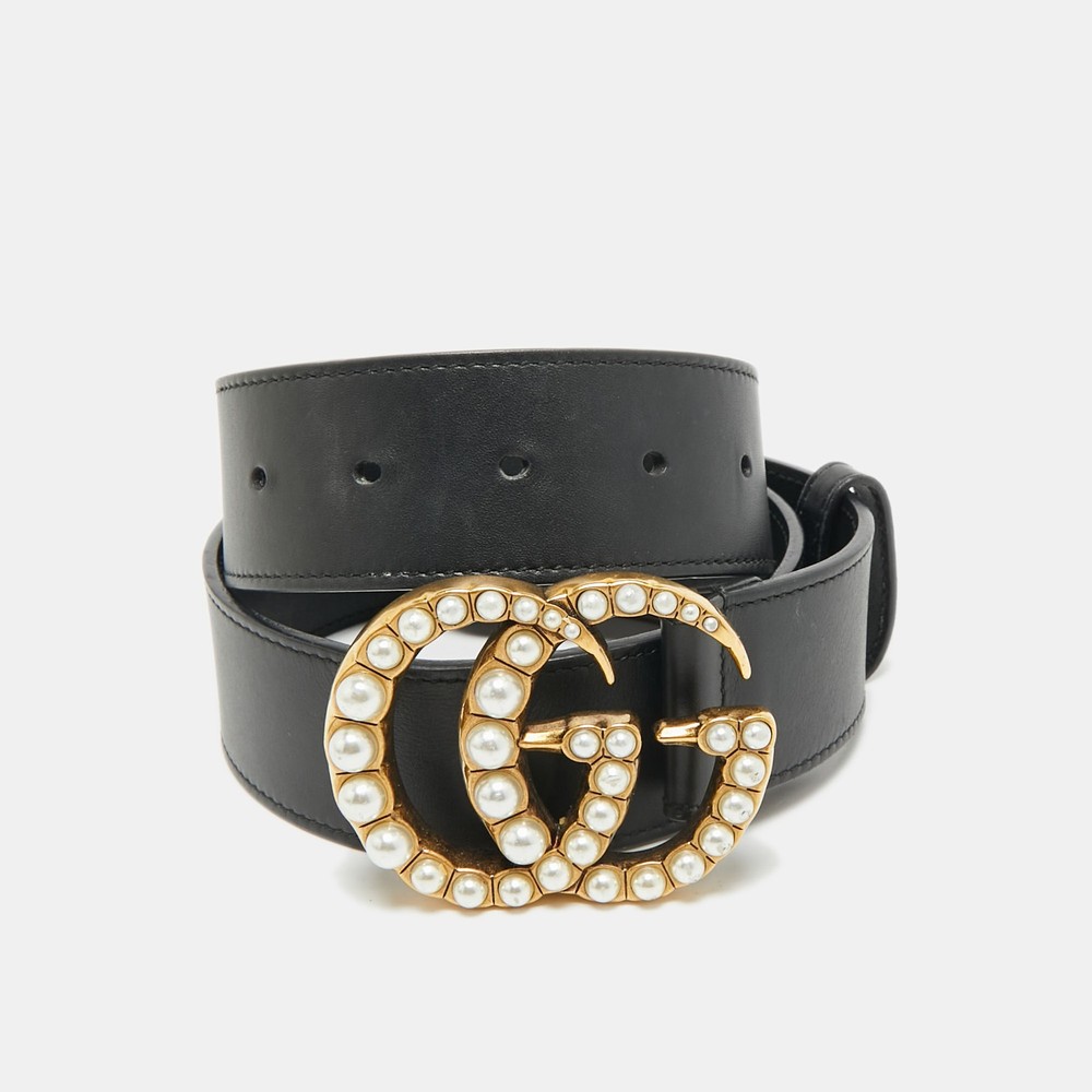 Gucci Black Leather Pearl Embellished Double G Buckle Belt 75 CM