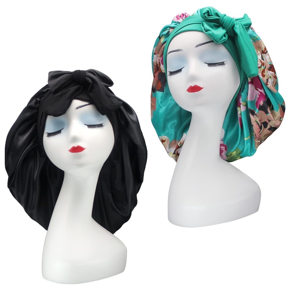 Silk Satin Hair Bonnet Sleeping Hat With Stretch Tie Band Adjustable Bonnet f...