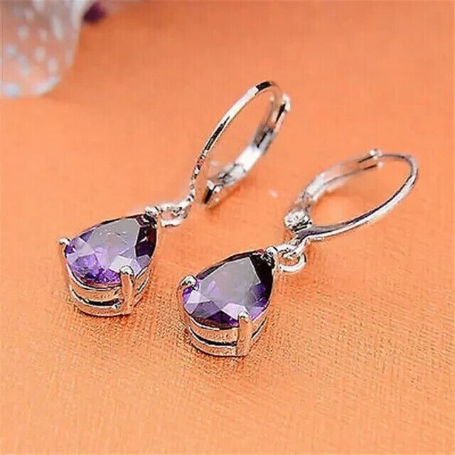 2Ct Pear Simulated Amethyst Women's Drop Dangle Earrings 14k White Gold Plated