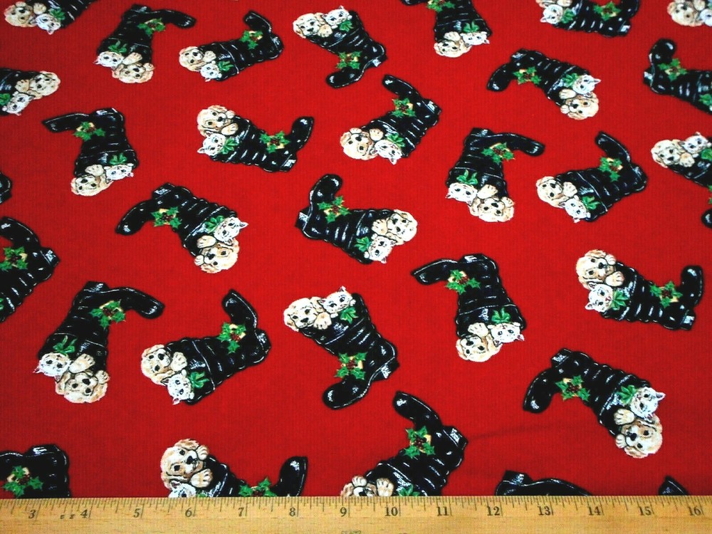 Christmas Fabric by Yard - Puppy Dog Kitty in Santa Boots Black Red Cotton Vintage #C