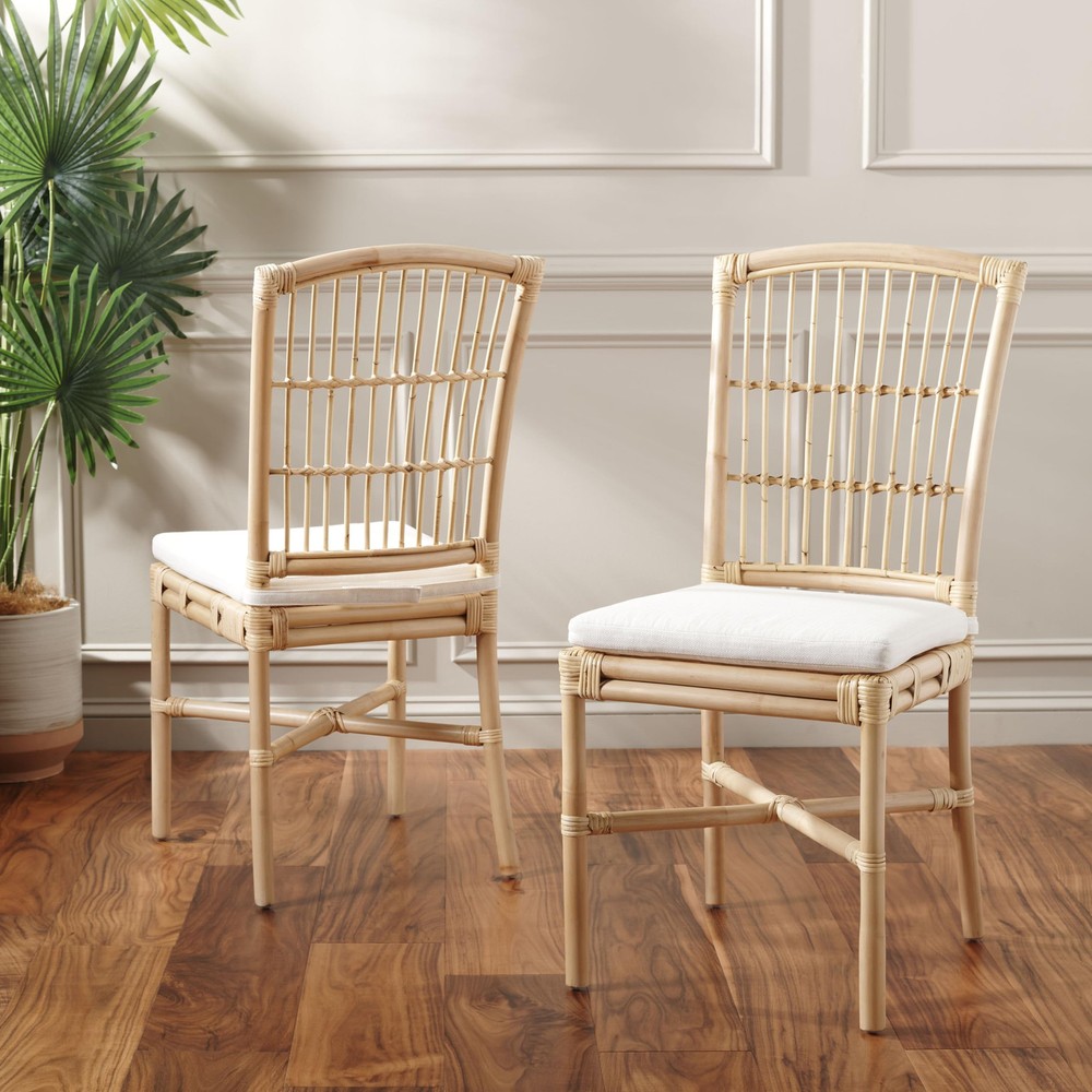 SAFAVIEH Home Collection Arne Natural Rattan Dining Chair Set of 2 with Cushion