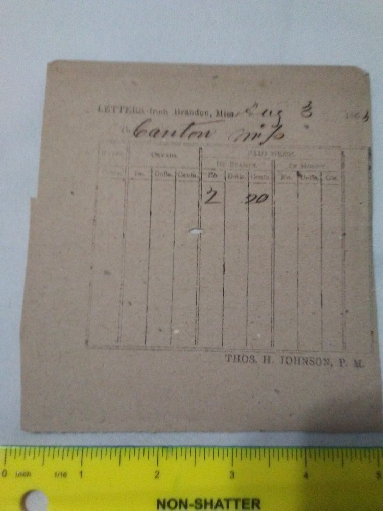 CONFEDERATE POSTAL RECEIPT FOR LETTERS TRANSFERRED FROM BRANDON TO CANTON 1864