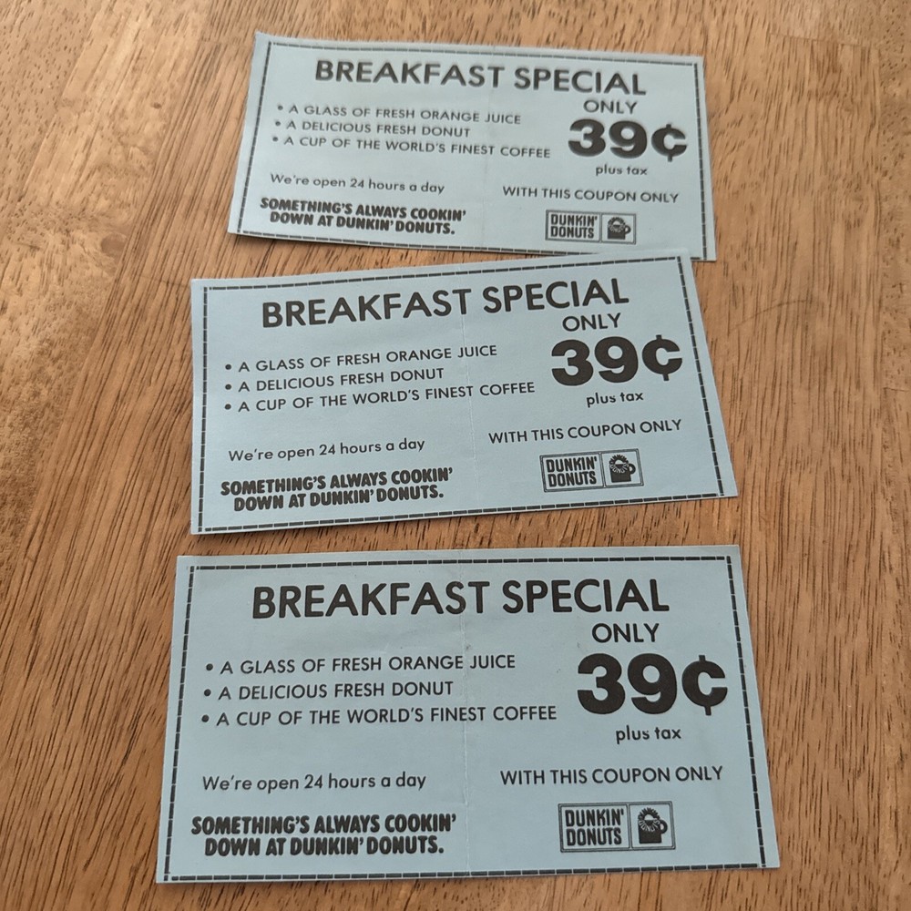 Vintage Set of 3 Dunkin Donuts 39¢ Breakfast Special Coupons-image