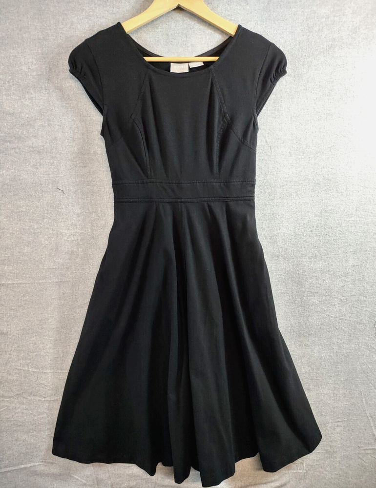 eShakti Dress Womens Small Black Stretch Fit Flare Pleated Poplin Swing Pockets