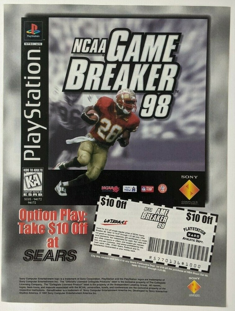 NCAA GameBreaker 98 Print Ad Game Poster Art PROMO Original Sears Coupon PS1-image