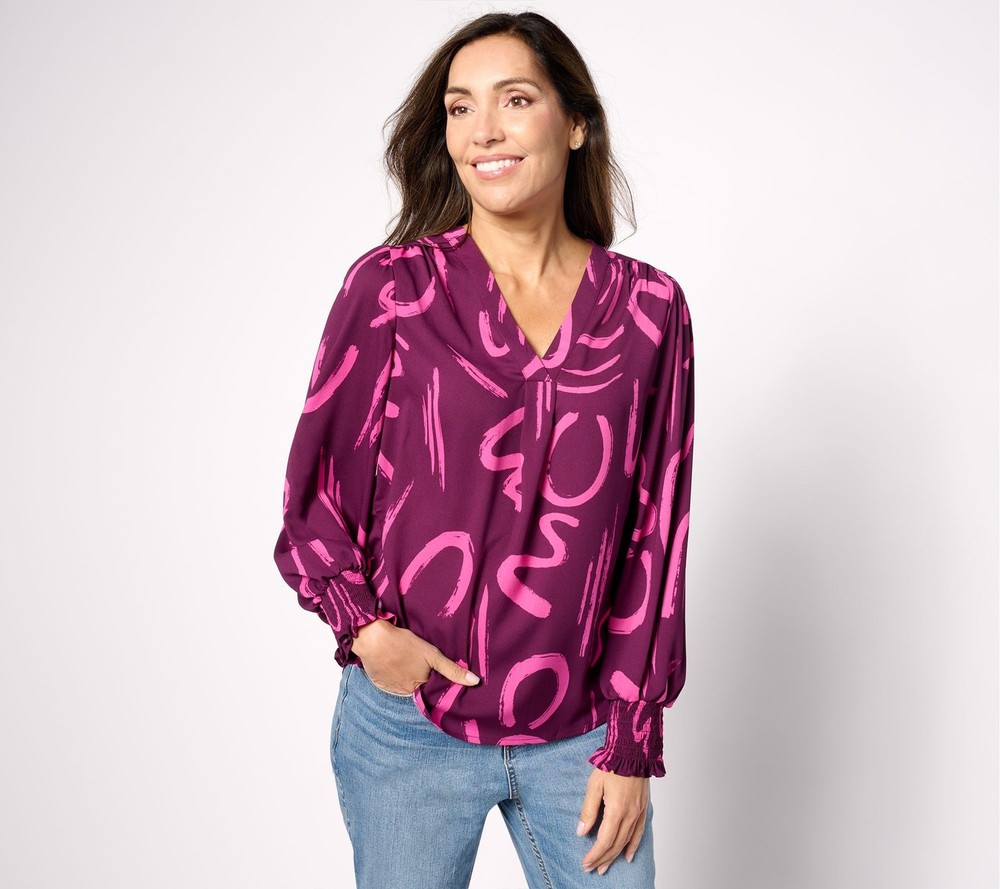 Maya J Women's Top Sz S Font-tastic Blouse Smocked Cuffs Purple A624949