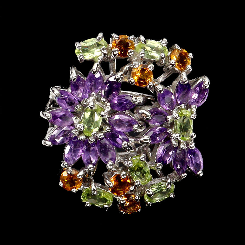 925 Sterling Silver Ring with Oval Peridot Amethyst Citrine Natural Gemstones