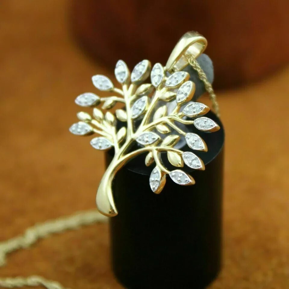 Tree of Life Pendant with 2Ct Round Simulated Diamond in 14K Gold Plated
