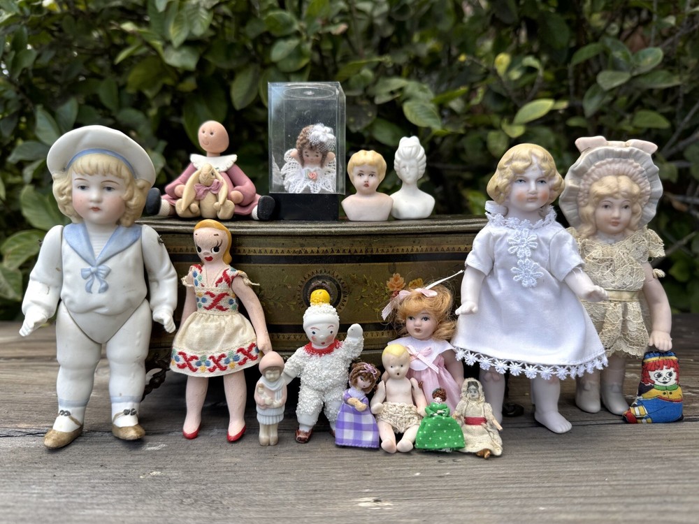 Lot Of 16 Bisque Wood Cloth Vtg Mini Dollhouse Dolls Artist&Antique Reproduction