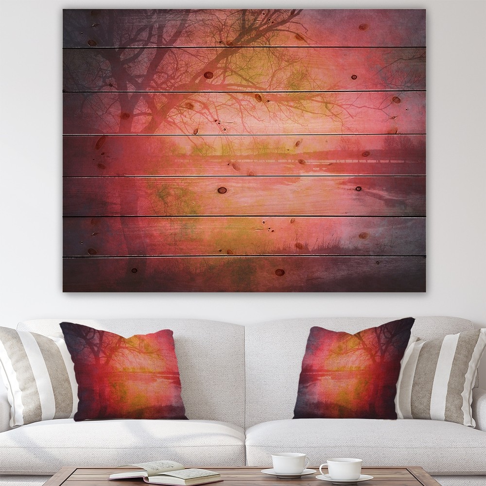 Designart 'Spring Trees In Vintage Pink And Red' Farmhouse