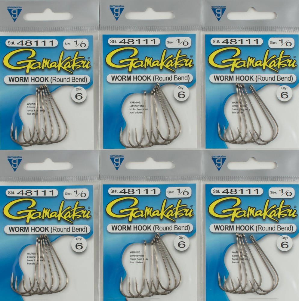 LOT OF 6 GAMAKATSU WORM HOOK ROUND BEND BRONZE 1/0 48111 D4320 FISHING HOOKS