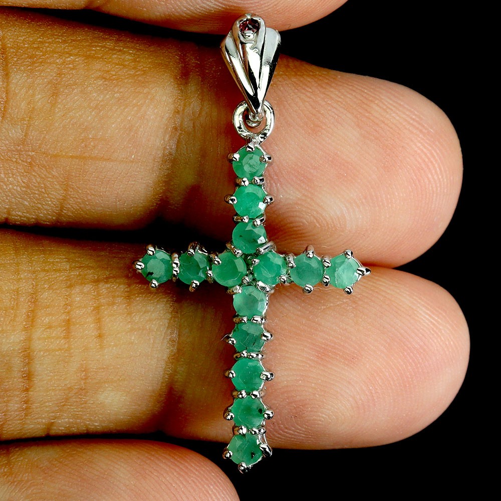 925 Sterling Silver Pendant Cross Emerald 3mm Rhodolite Garnet Gemstone Jewelry