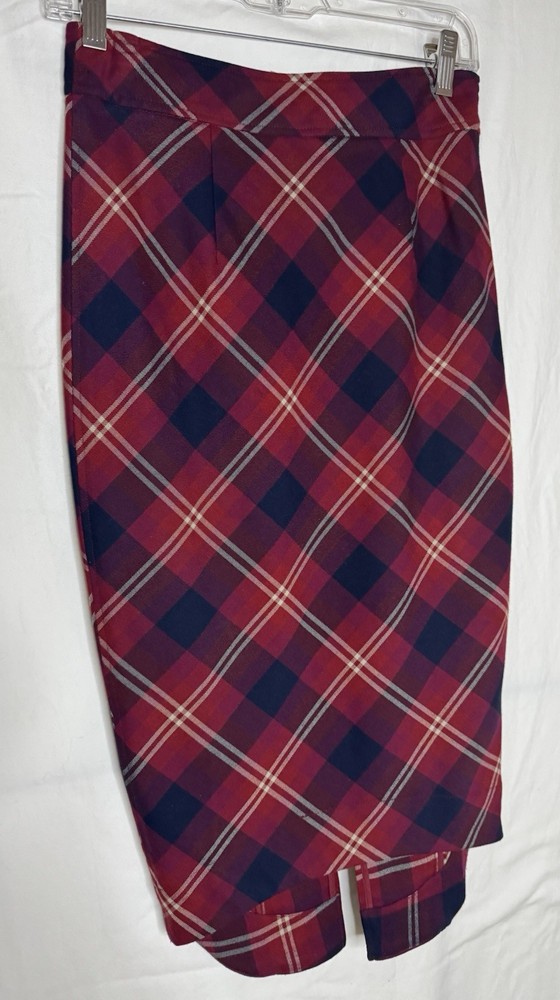 Free People Red Geometric Plaid High Low Pencil Skirt Size 2