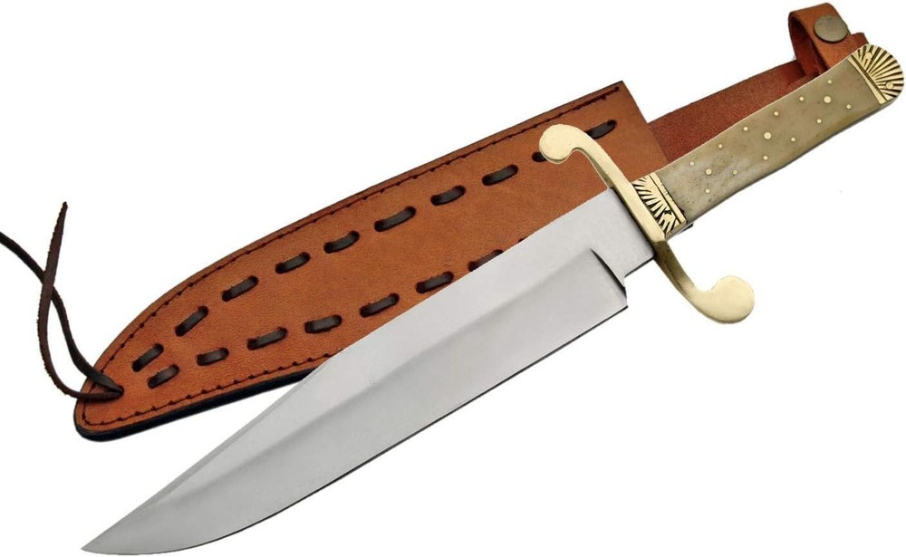 15-inch Bowie Knife with Carbon Steel Blade, Bone Brass Handle and Leather Sheath