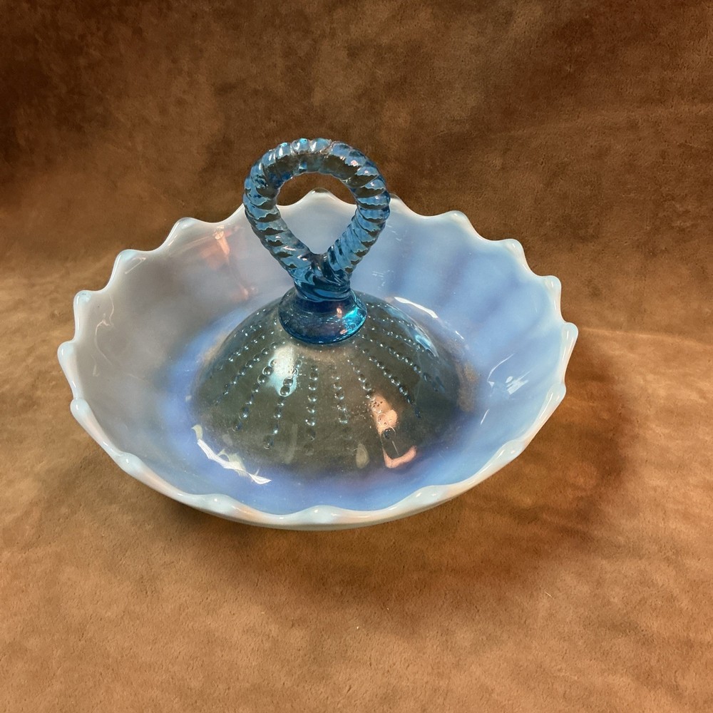 Circa 1910 Northwood blue opalescent beaded panel candy dish