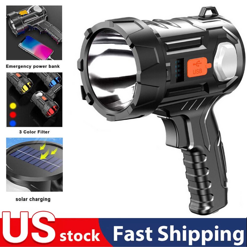 Solar/USB Rechargeable 30000000LM Bright LED Spotlight Flashlight Searchlight