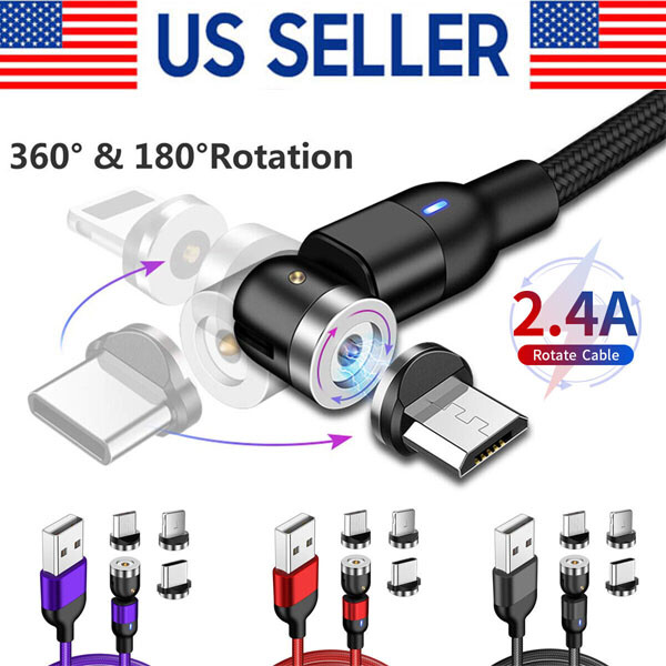 180° 360° Magnetic Fast Charging Cable for Type C Micro USB and iOS Devices
