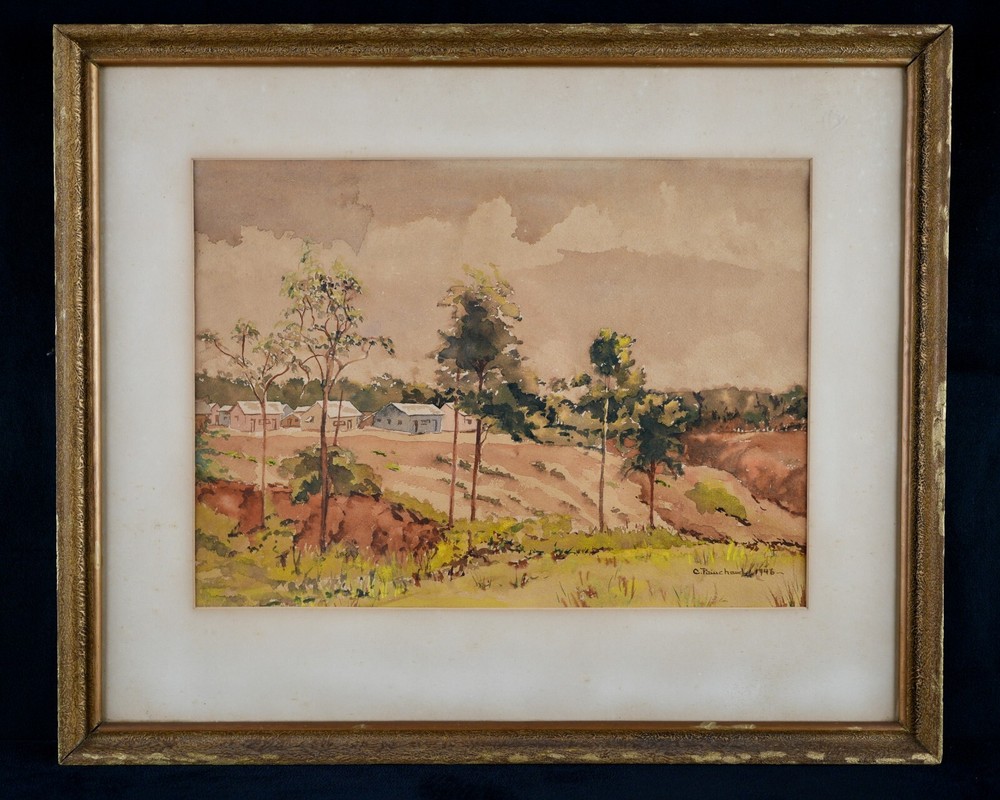 Vintage Original New England Rural Landscape Watercolor Painting By C. Painchaud