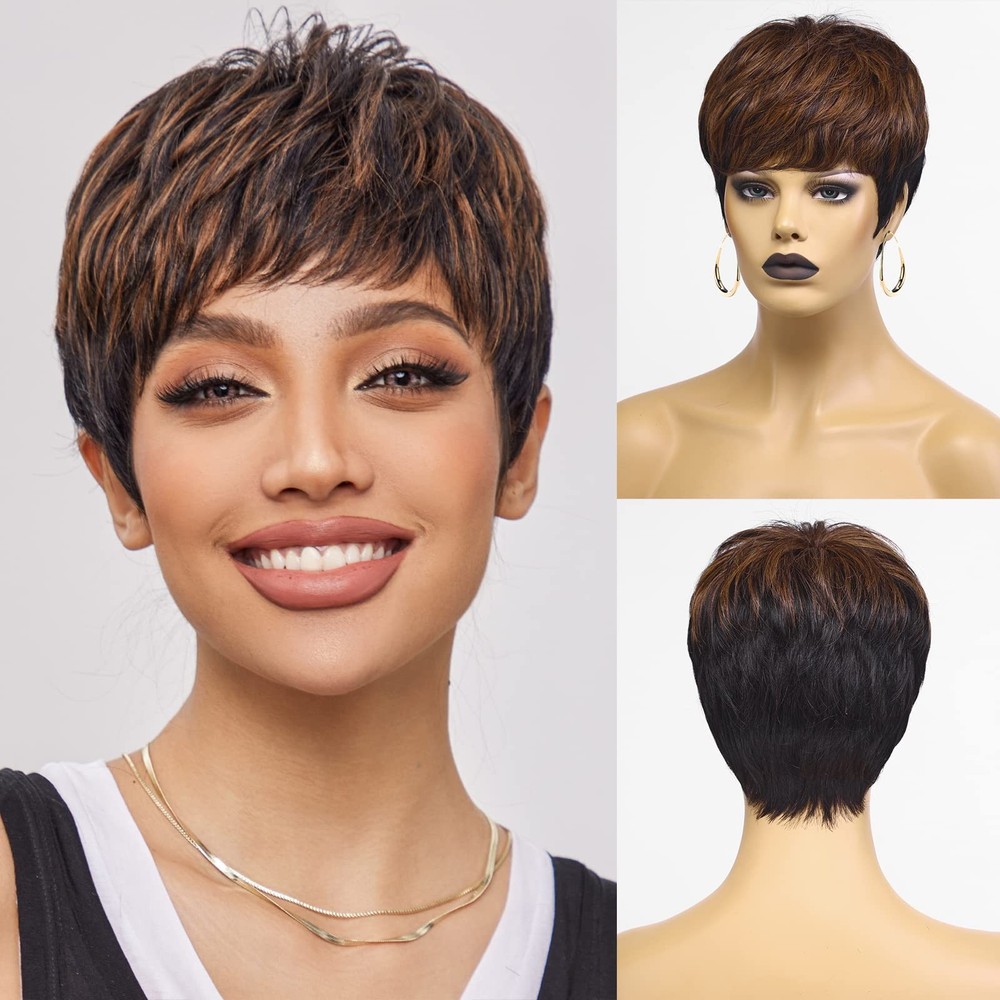 HAIRCUBE Pixie Cut Wigs Black mix Brown for Women Pixie Cut Human Hair Wigs S...