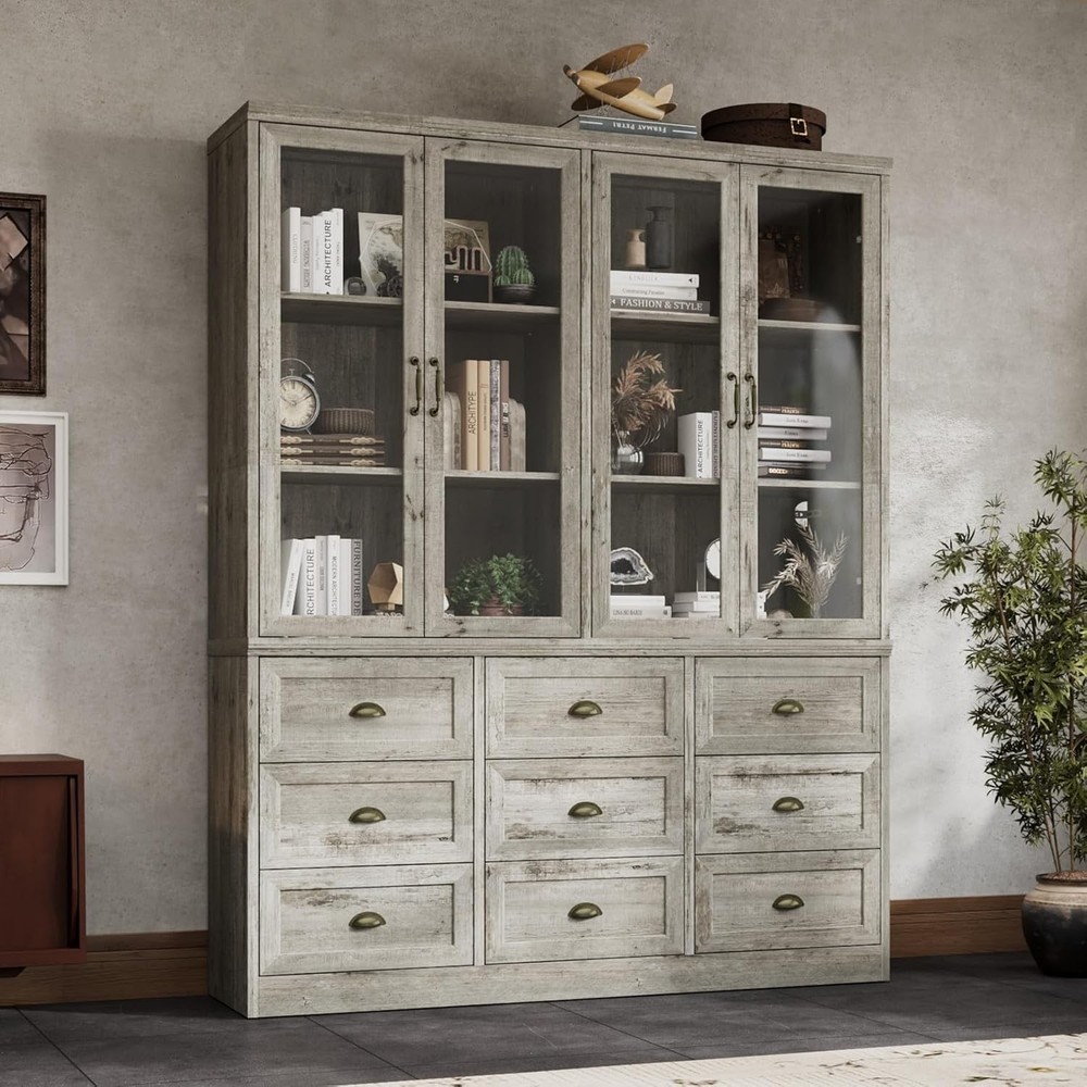 Farmhouse Display Cabinet with 4 Glass Doors and Ample Storage