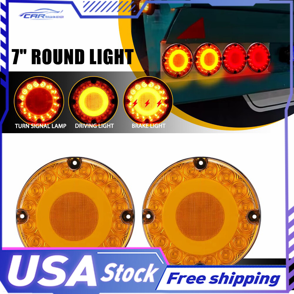 2PC 7in LED Round Tail Lights with Brake DRL Turn Signal for Bus Truck Trailer Amber