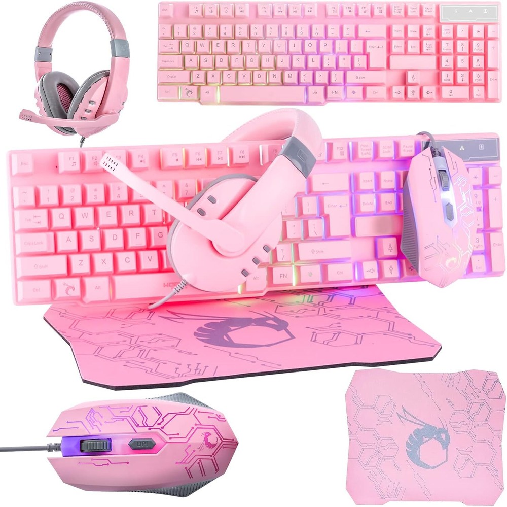 4in1 Wired LED RGB Backlight Bundle Pink Gaming PC Accessories for Gamers and Xbox