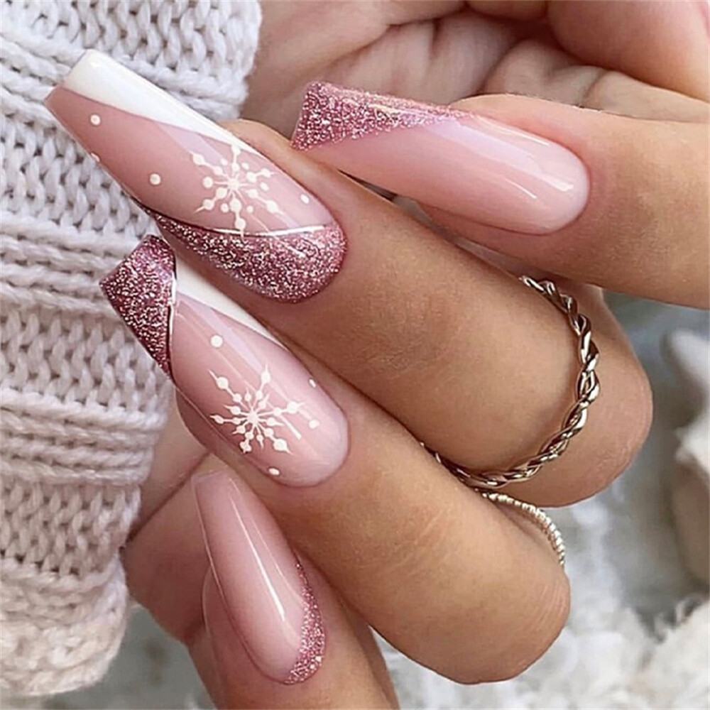 Long Coffin Press-On Fake Nail Sweet Winter Christmas French Manicure 24pcs