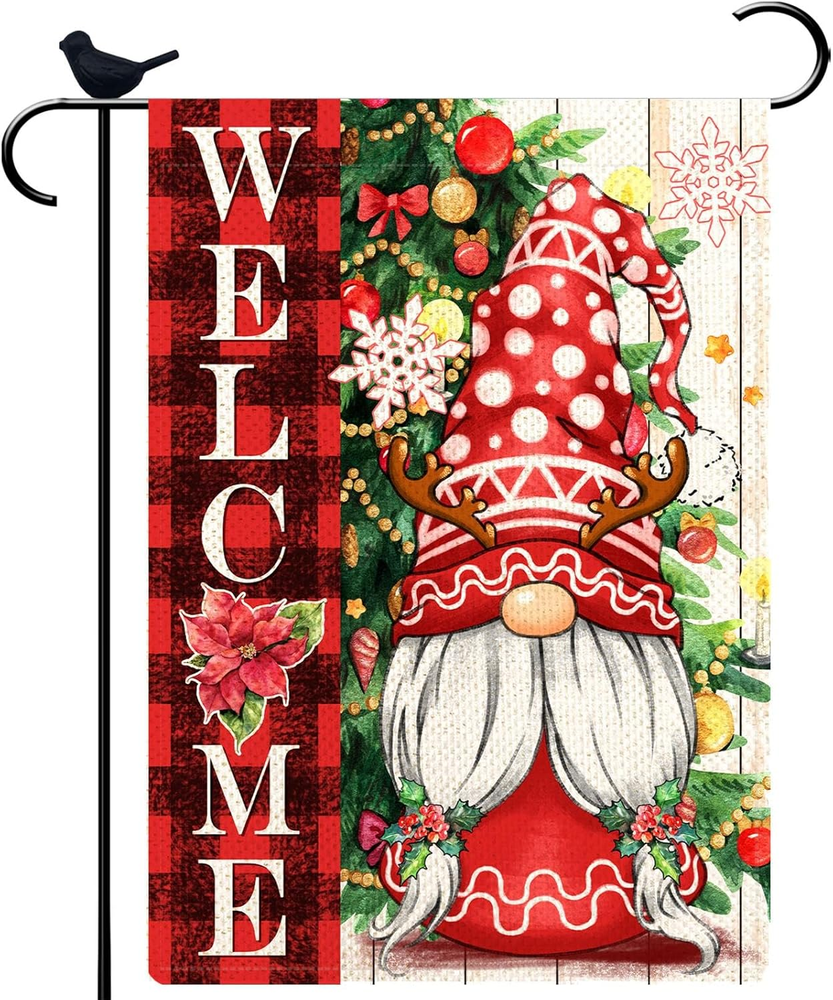 Merry Christmas Gnome Welcome Garden Flag Burlap Small Vertical 12X18 Inch Santa