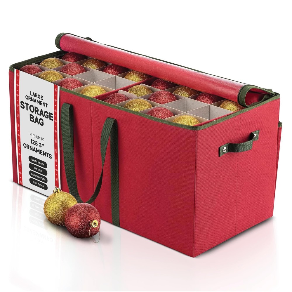 128 Ornament Storage Box with Adjustable Dividers Stackable Holiday Organizer