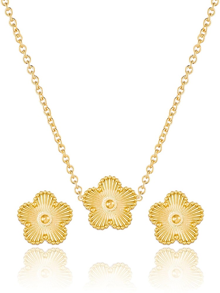 Lucky Four Leaf Clover 14K Gold Necklace and Stud Earrings Set for Women