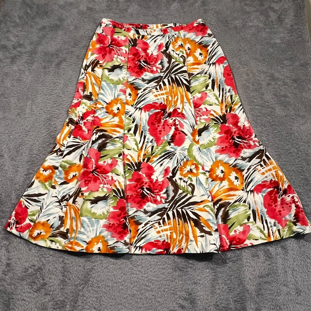 Talbots Floral Midi Skirt Women's 14W Silk Linen Blend Lined Side Zip USA