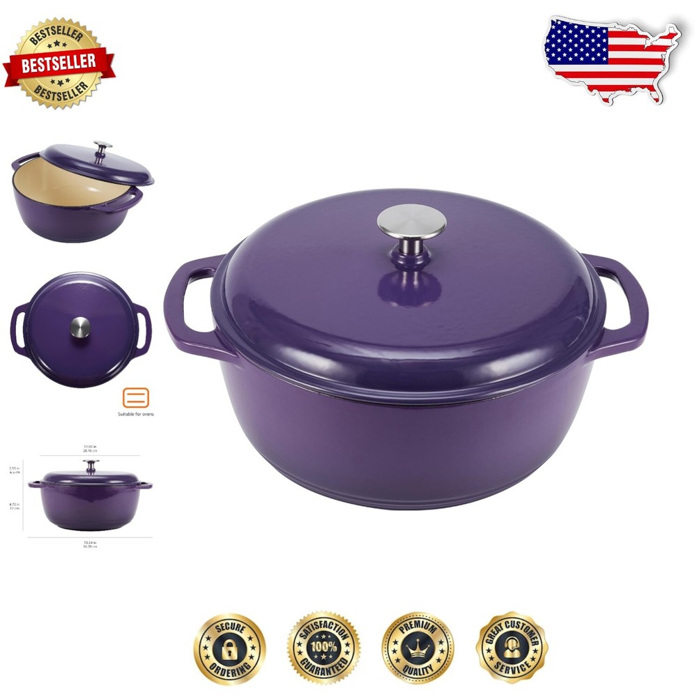Oven Safe Round Cast Iron Dutch Oven, 6-Qt - Elegant Purple with Dual Handles