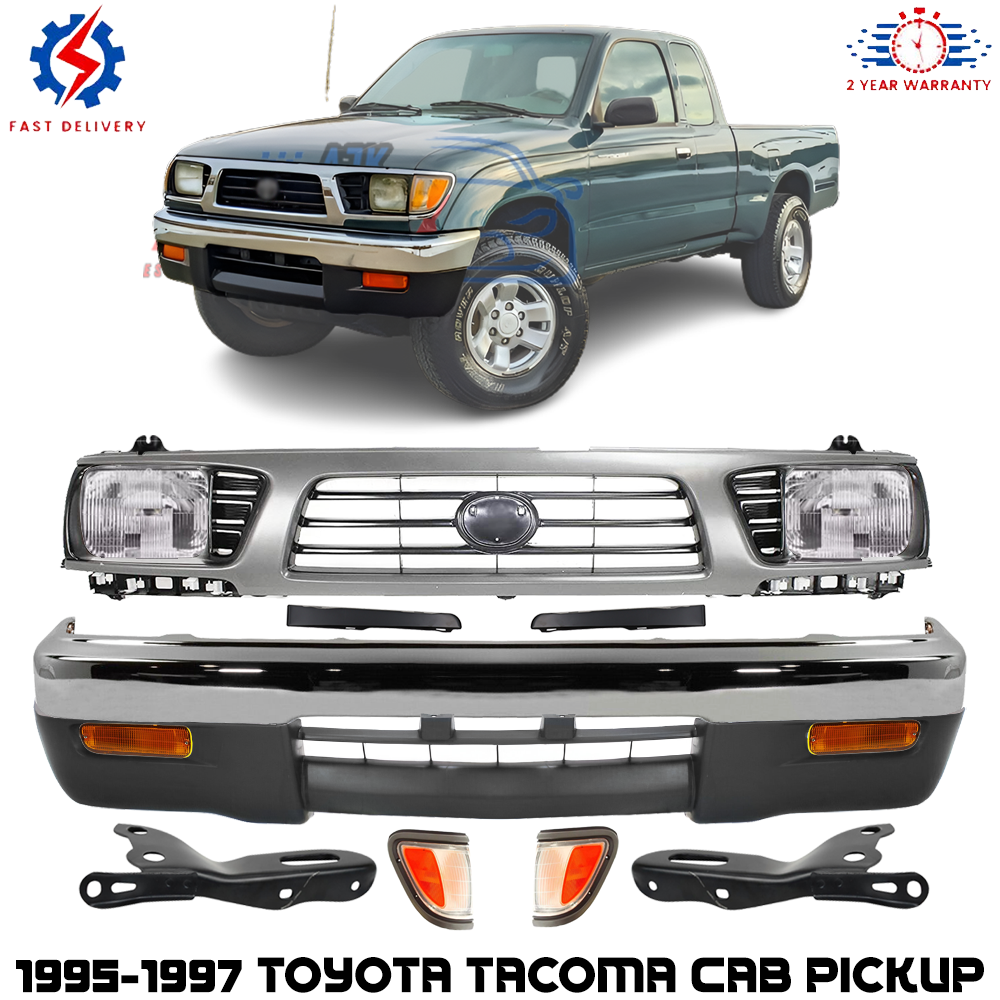 Front Bumper Chrome Steel & Headlight Assembly Kit For 1995-1997 Toyota Tacoma
