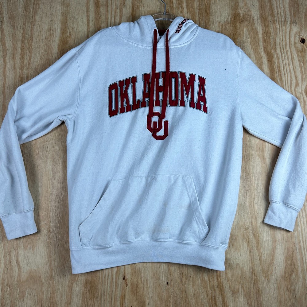 NCAA Oklahoma University Hooded Sweatshirt Mens Size M Embroidered White Vintage